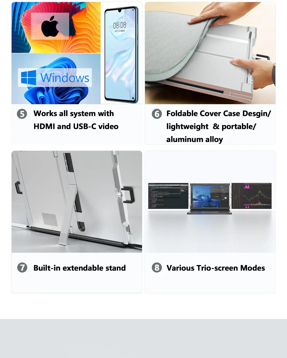 TRIPTYCH 14" Dual Screen Portable Monitor The TRIPTYCH 14" Dual Screen Portable Monitor is a versatile device that features a 14.1" 1920x1200 dual display, multiple Trio-screen modes, easy connectivity to laptops and other devices, and a clip-on design for added convenience.